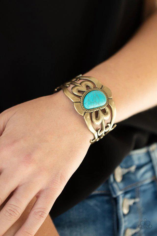 The MESAs Are Calling Brass & Turquoise Stone Cuff Bracelet - Paparazzi Accessories- on model - CarasShop.com - Paparazzi Jewelry by Cara Jewels