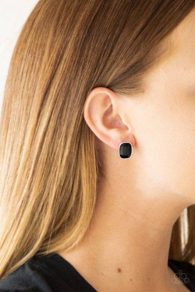 The Modern Monroe Black Earrings - Paparazzi Accessories- on model - CarasShop.com - Paparazzi Jewelry by Cara Jewels