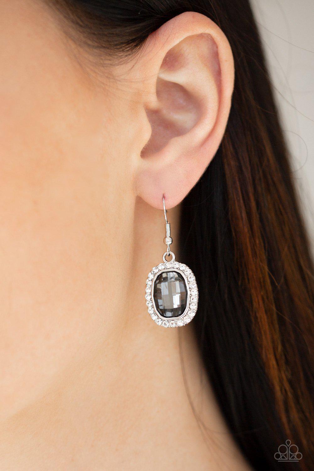 The Modern Monroe Smoky Silver and White Rhinestone Earrings - Paparazzi Accessories- on model - CarasShop.com - Paparazzi Jewelry by Cara Jewels