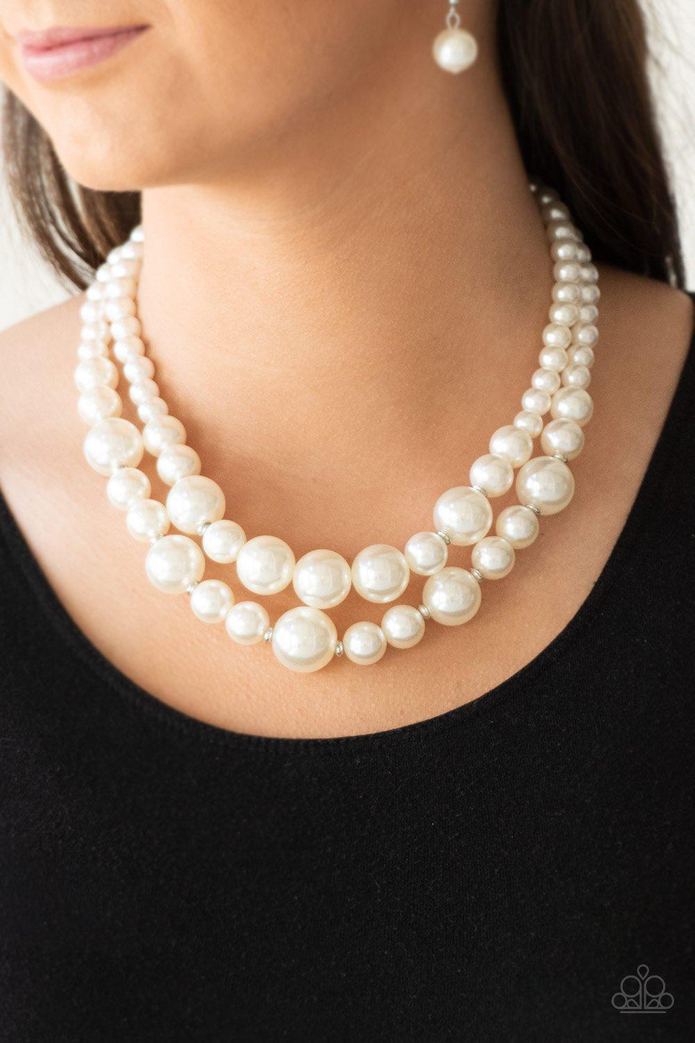 The More The Modest White Pearl Necklace - Paparazzi Accessories- on model - CarasShop.com - Paparazzi Jewelry by Cara Jewels