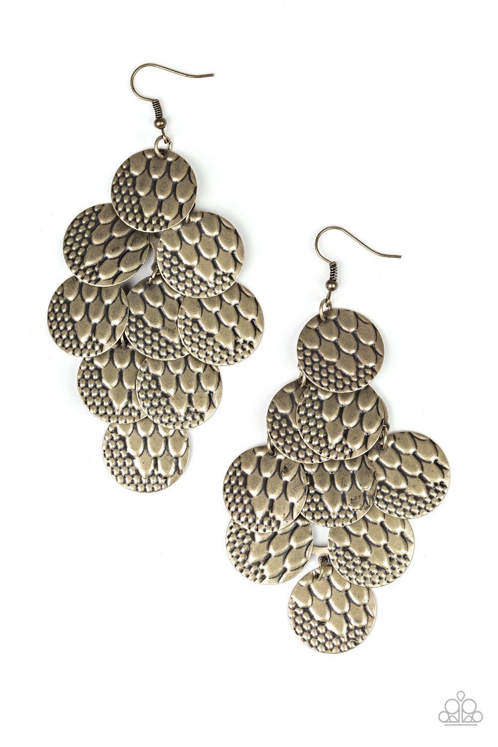 The Party Animal Brass Earrings - Paparazzi Accessories- on model - CarasShop.com - Paparazzi Jewelry by Cara Jewels