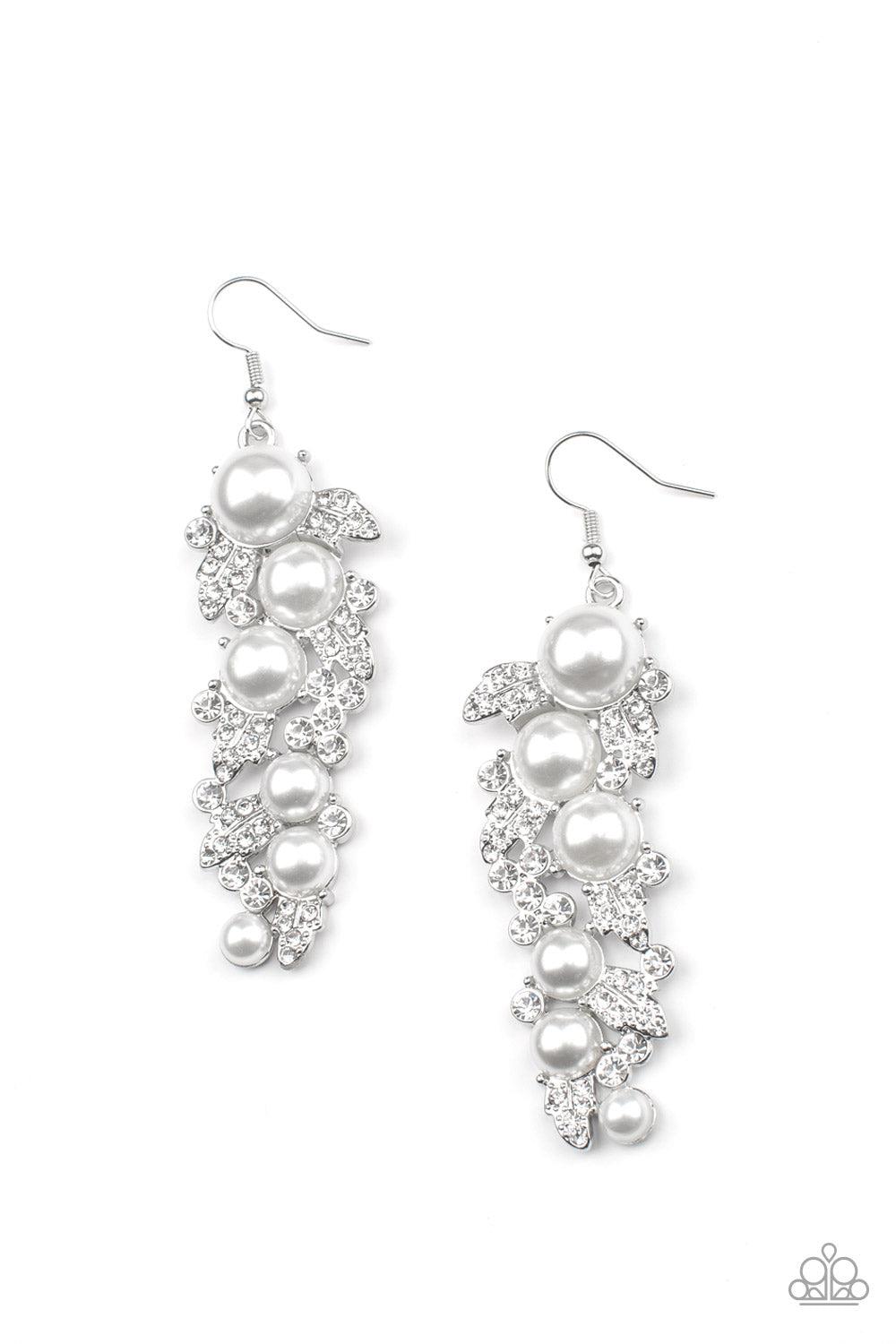 The Party Has Arrived White Pearl & Rhinestone Earrings - Paparazzi Accessories- lightbox - CarasShop.com - Paparazzi Jewelry by Cara Jewels