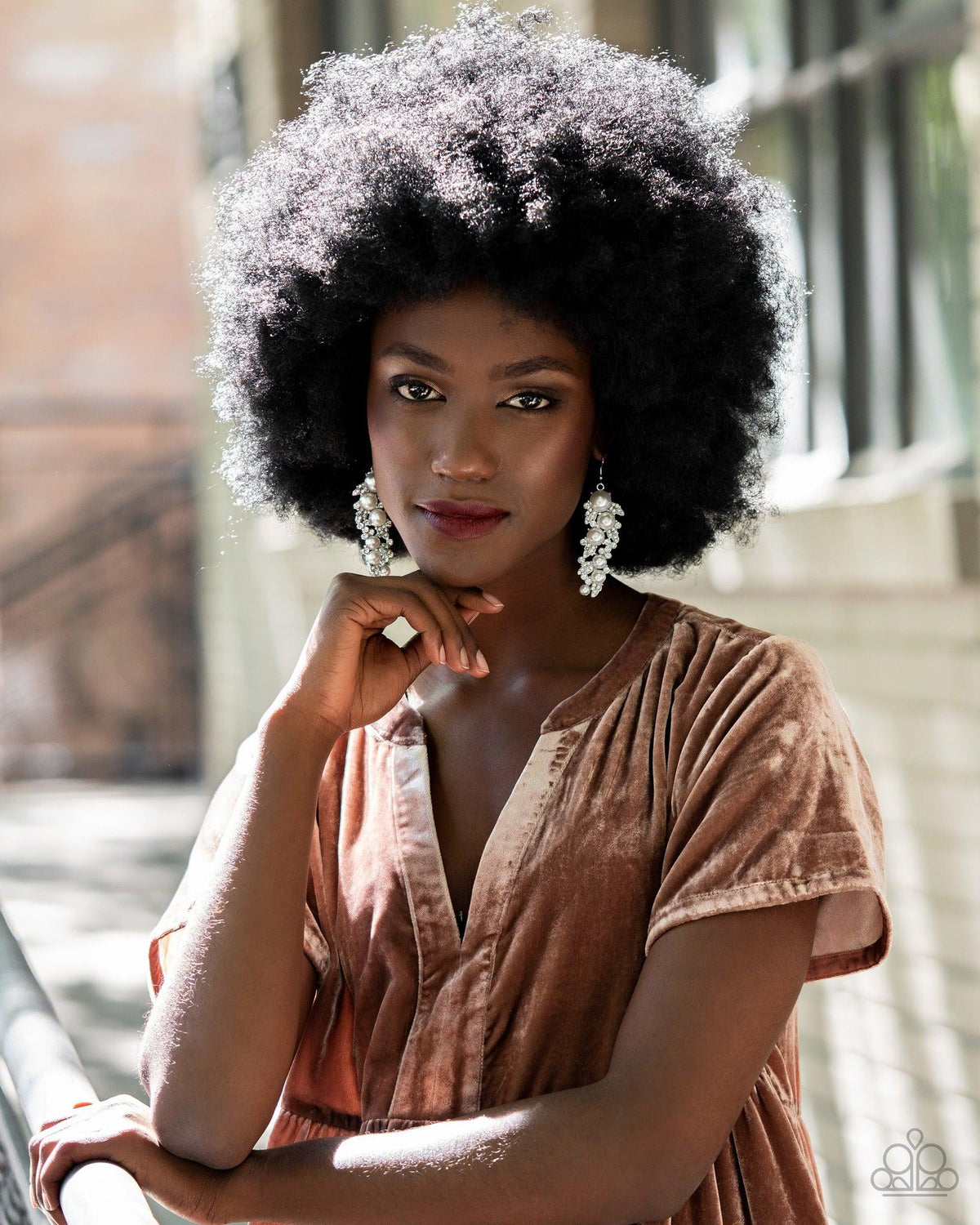 The Party Has Arrived White Pearl & Rhinestone Earrings - Paparazzi Accessories stylized-on model - CarasShop.com - Paparazzi Jewelry by Cara Jewels