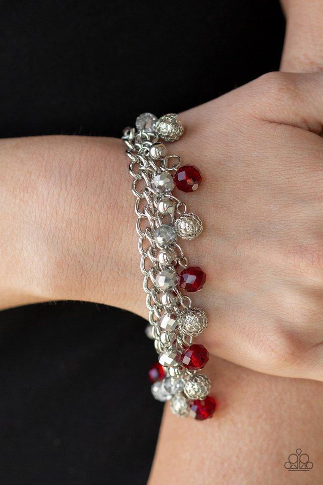 The Party Planner Red and Silver Bracelet - Paparazzi Accessories- on model - CarasShop.com - Paparazzi Jewelry by Cara Jewels