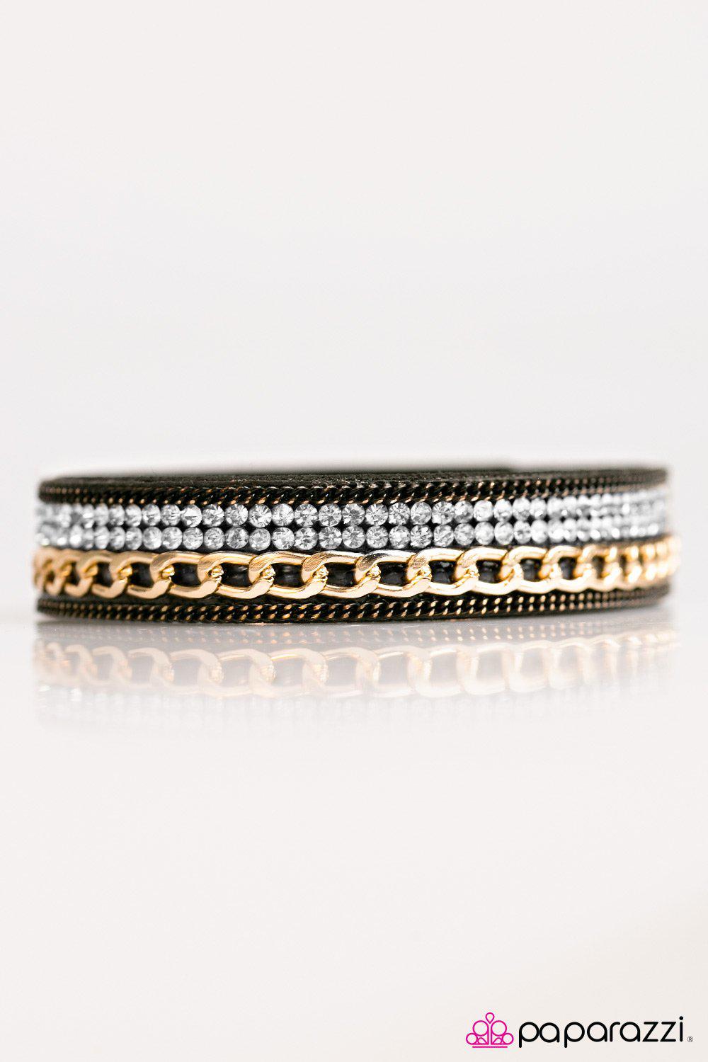 The Perfect Score Black and Gold Narrow Wrap Snap Bracelet - Paparazzi Accessories- lightbox - CarasShop.com - Paparazzi Jewelry by Cara Jewels