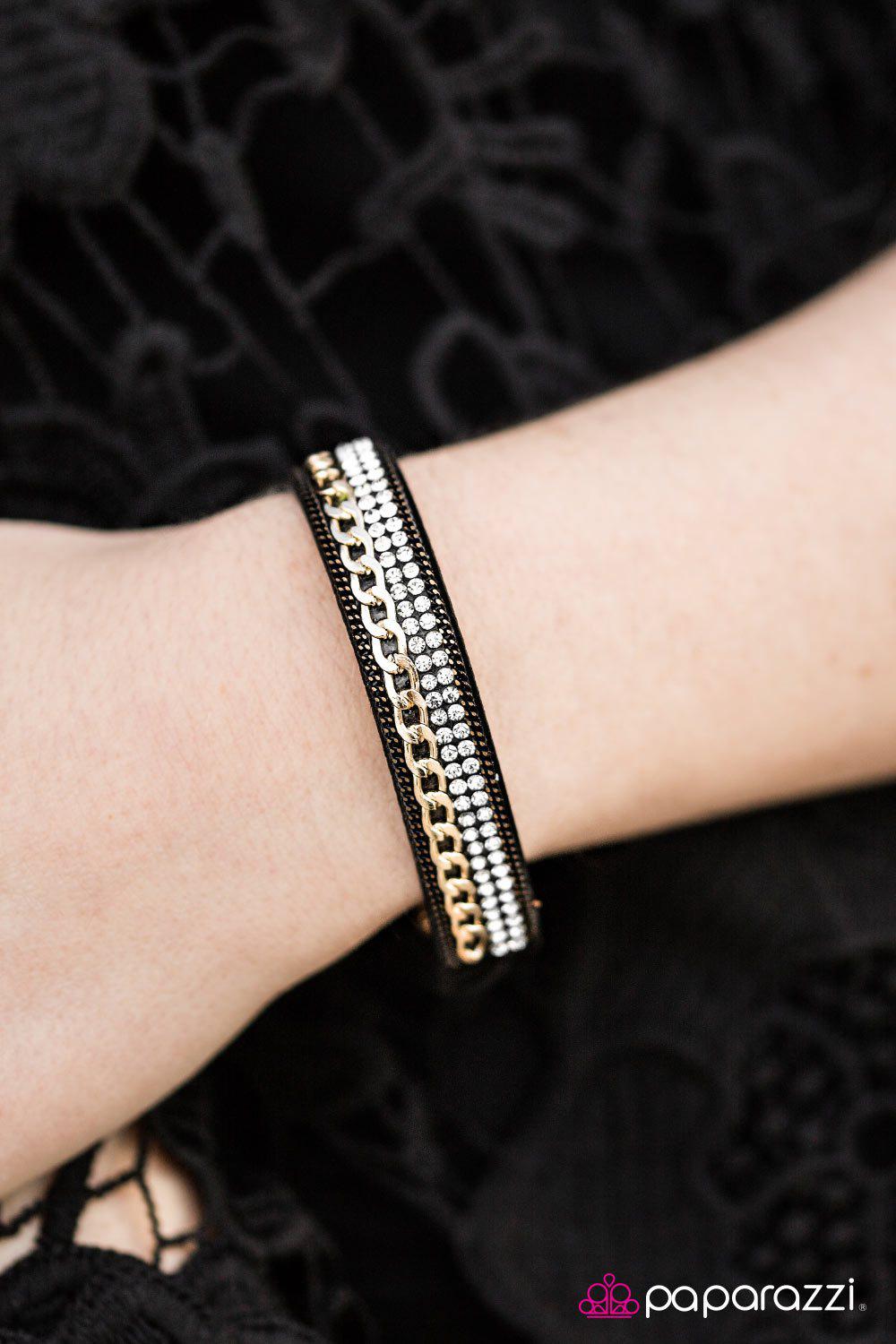 The Perfect Score Black and Gold Narrow Wrap Snap Bracelet - Paparazzi Accessories- lightbox - CarasShop.com - Paparazzi Jewelry by Cara Jewels