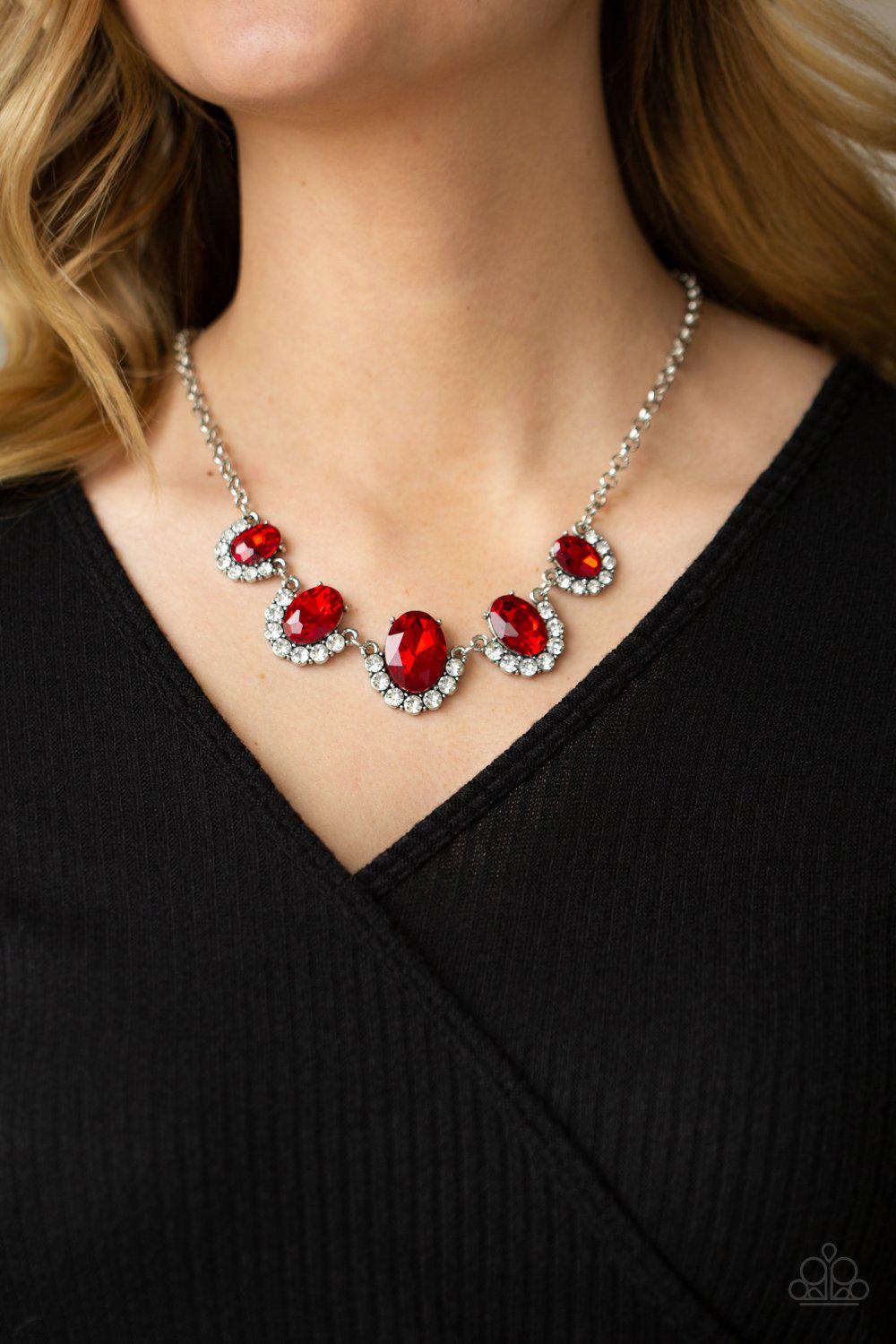The Queen Demands It Red and White Rhinestone Necklace - Paparazzi Accessories- lightbox - CarasShop.com - Paparazzi Jewelry by Cara Jewels