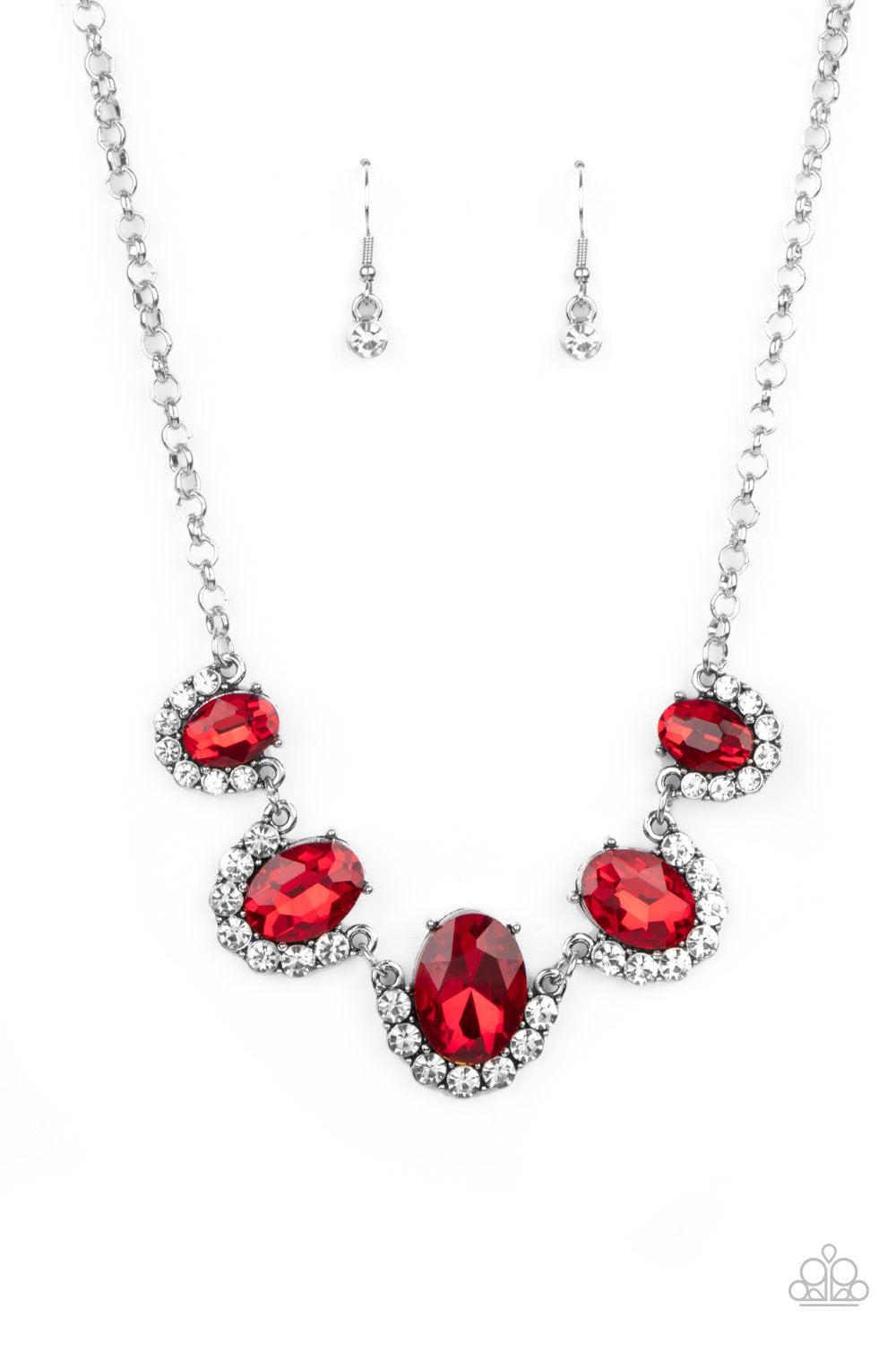 The Queen Demands It Red and White Rhinestone Necklace - Paparazzi Accessories- on model - CarasShop.com - Paparazzi Jewelry by Cara Jewels