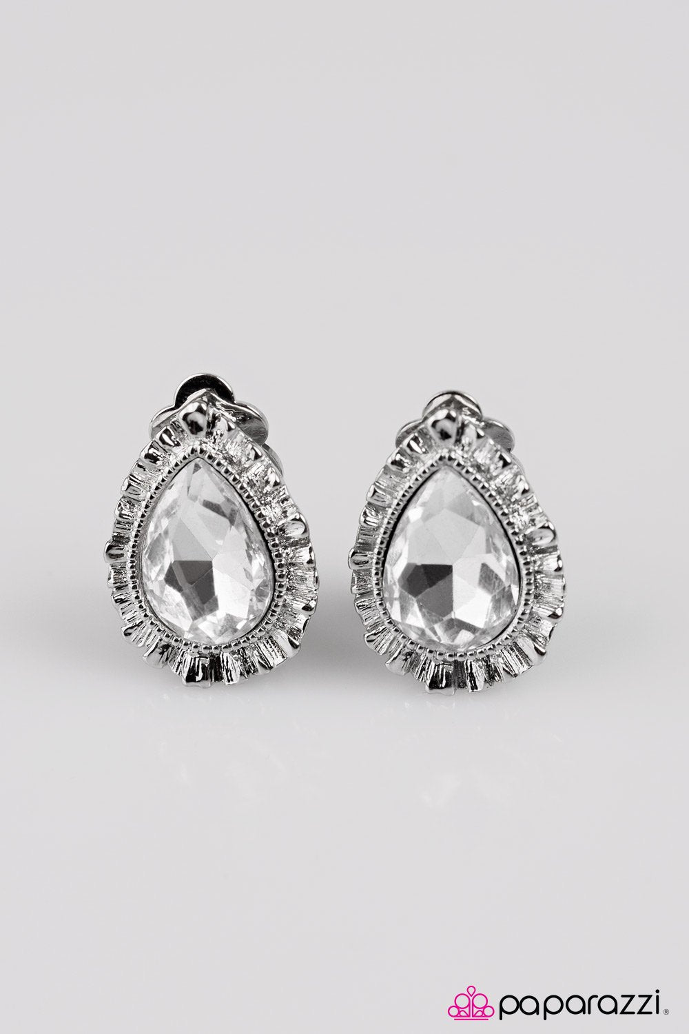 The Royal Court White Teardrop Clip-on Earrings - Paparazzi Accessories- lightbox - CarasShop.com - Paparazzi Jewelry by Cara Jewels