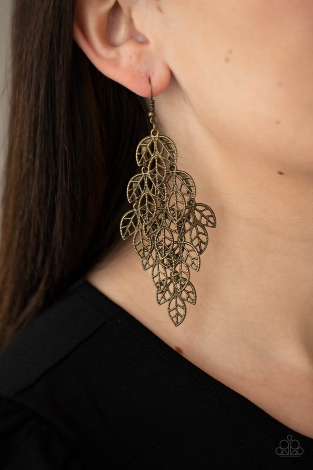 The Shakedown Brass Cascading Leaf Earrings - Paparazzi Accessories- on model - CarasShop.com - Paparazzi Jewelry by Cara Jewels