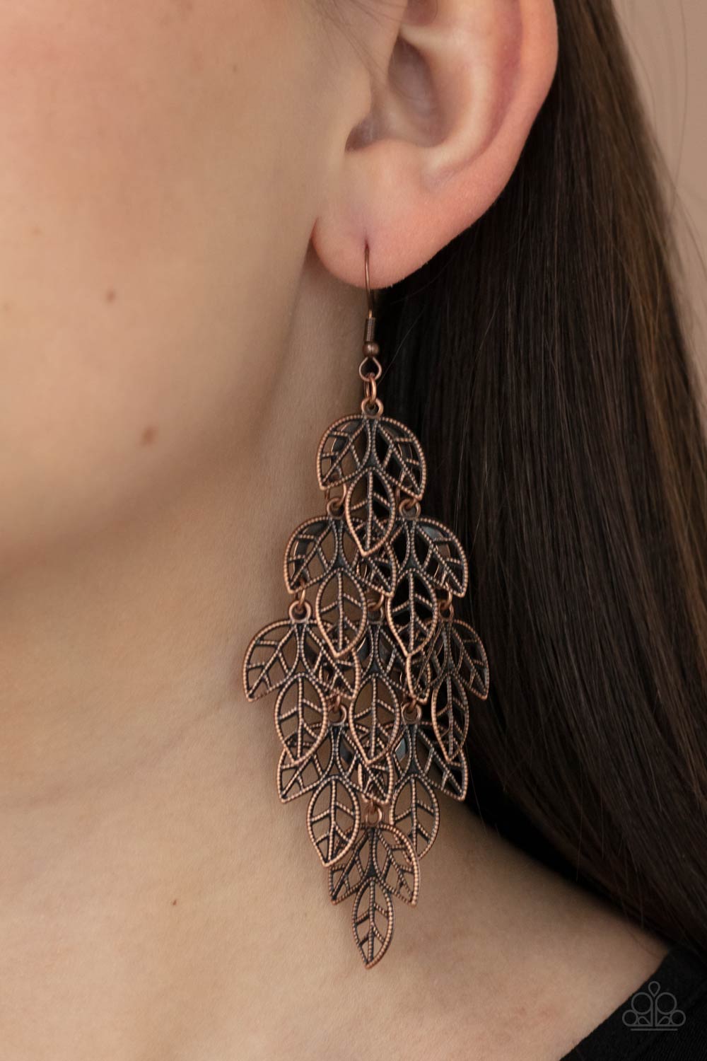 The Shakedown Copper Cascading Leaf Earrings - Paparazzi Accessories- lightbox - CarasShop.com - Paparazzi Jewelry by Cara Jewels