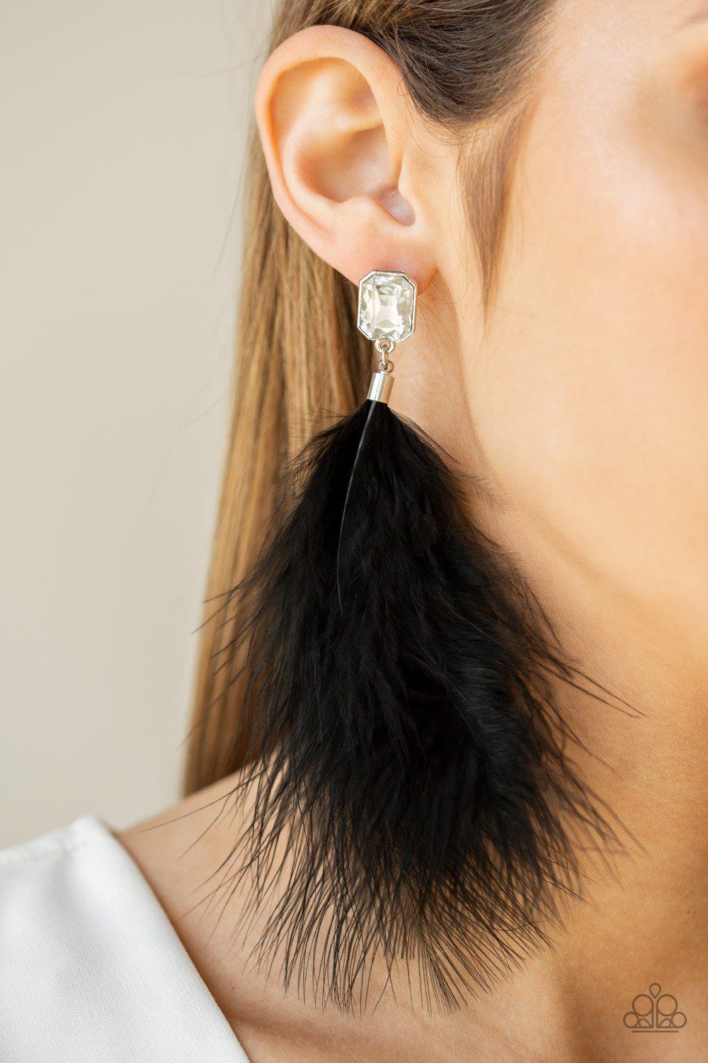 The SHOWGIRL Must Go On! Black Feather Earrings - Paparazzi Accessories- lightbox - CarasShop.com - Paparazzi Jewelry by Cara Jewels