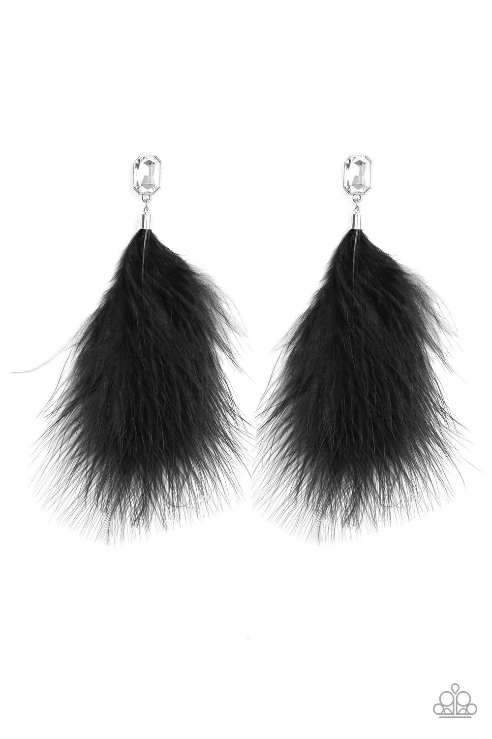The SHOWGIRL Must Go On! Black Feather Earrings - Paparazzi Accessories- on model - CarasShop.com - Paparazzi Jewelry by Cara Jewels
