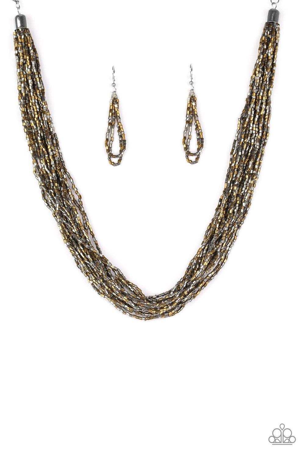 The Speed Of Starlight Brass and Gunmetal Seed Bead Necklace and Earrings - Paparazzi Accessories- lightbox - CarasShop.com - Paparazzi Jewelry by Cara Jewels