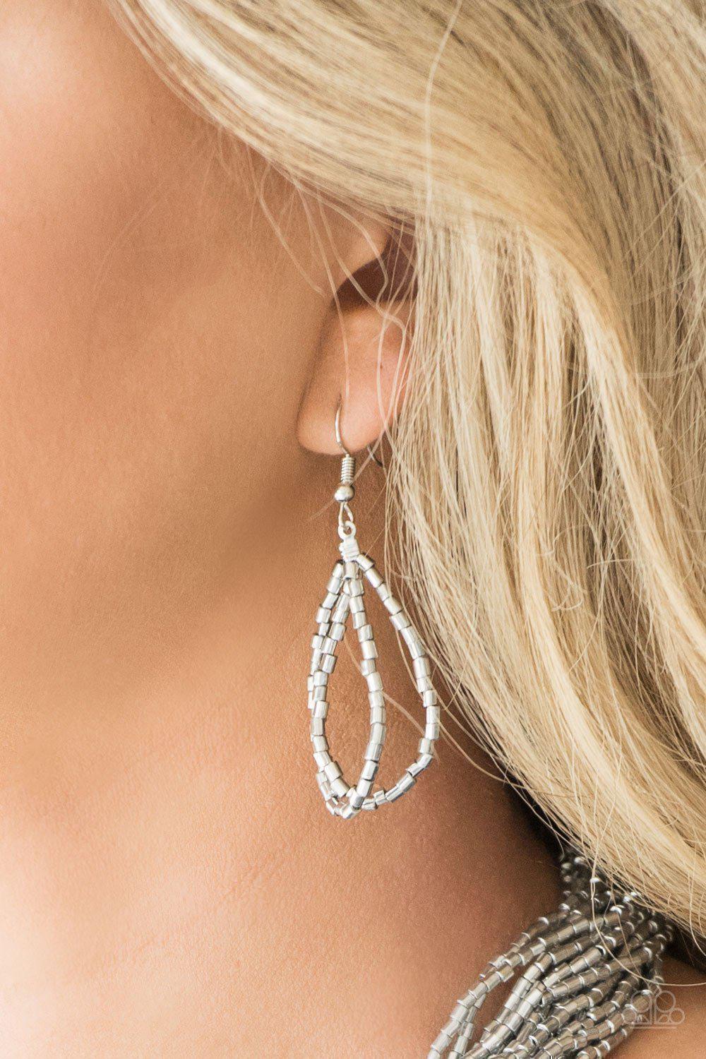 The Speed Of Starlight Silver Seed Bead Necklace and matching Earrings - Paparazzi Accessories - free matching earrings -CarasShop.com - Paparazzi Jewelry by Cara Jewels