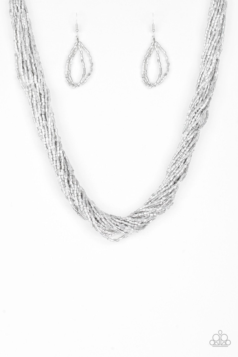 The Speed Of Starlight Silver Seed Bead Necklace and matching Earrings - Paparazzi Accessories- on model - CarasShop.com - Paparazzi Jewelry by Cara Jewels