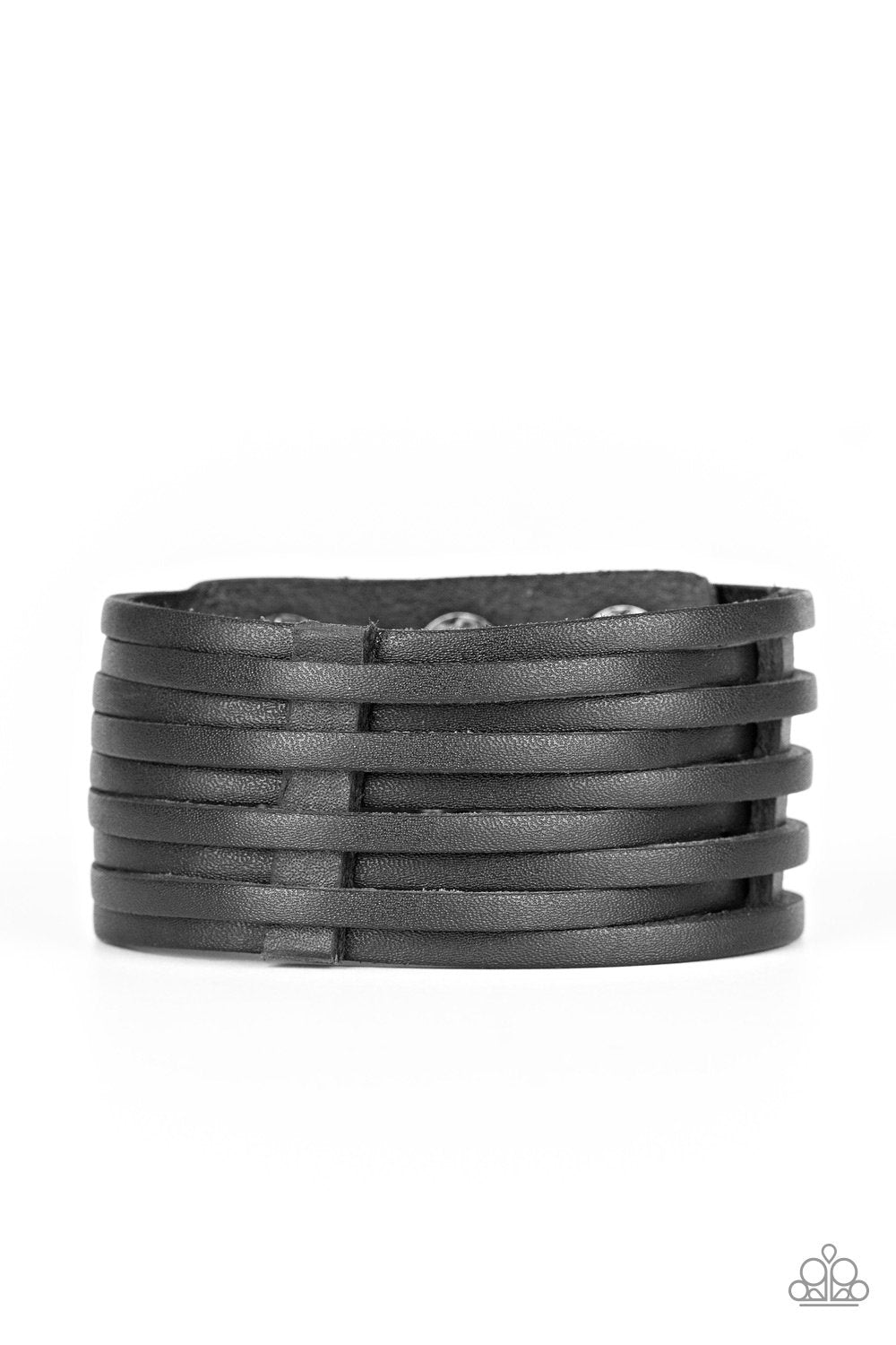 The Starting Lineup Men's Black Leather Wrap Snap Bracelet - Paparazzi Accessories- lightbox - CarasShop.com - Paparazzi Jewelry by Cara Jewels