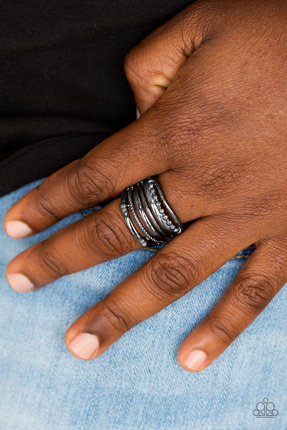 The STEEL Of The Night Black Gunmetal Ring - Paparazzi Accessories- lightbox - CarasShop.com - Paparazzi Jewelry by Cara Jewels