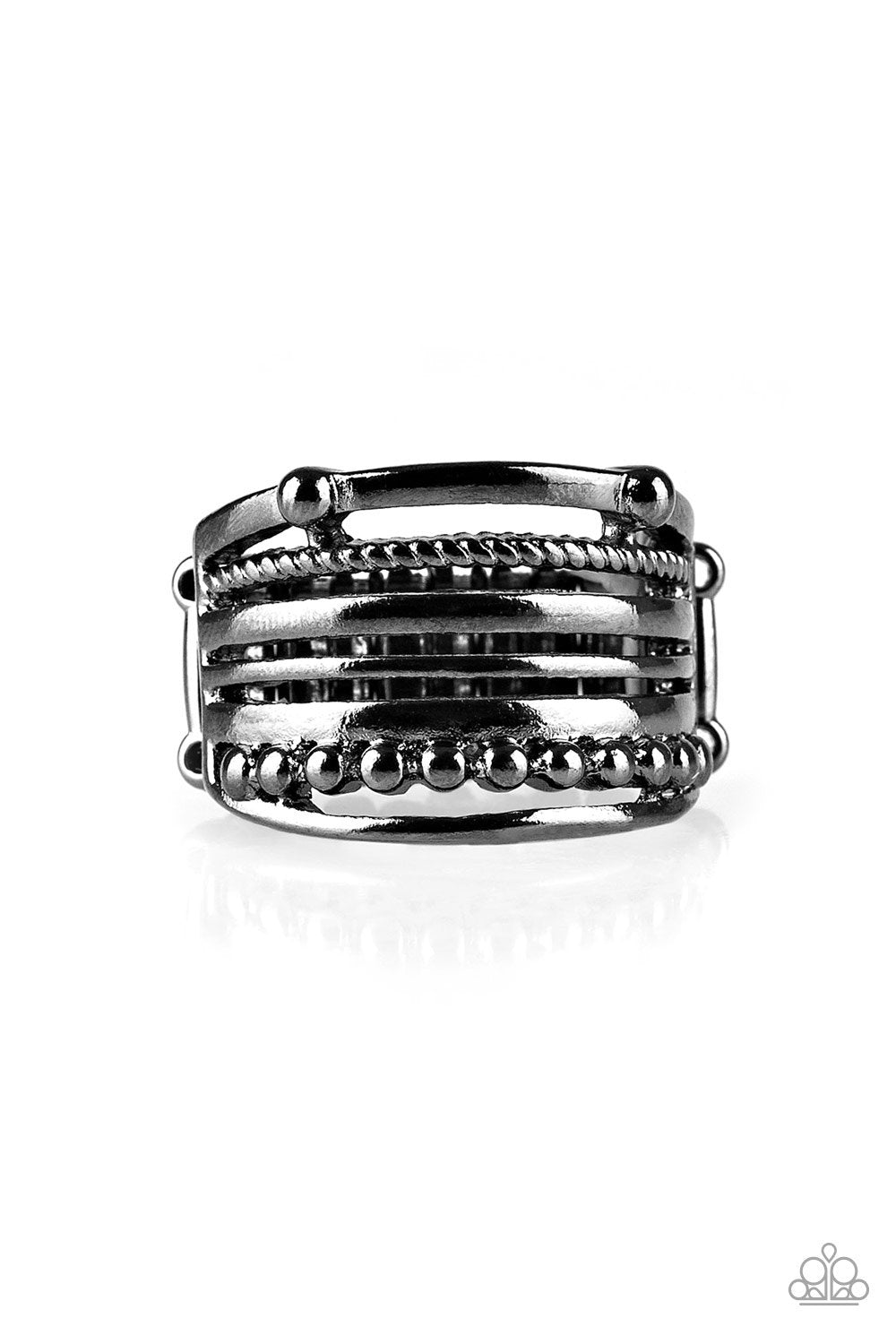 The STEEL Of The Night Black Gunmetal Ring - Paparazzi Accessories- on model - CarasShop.com - Paparazzi Jewelry by Cara Jewels