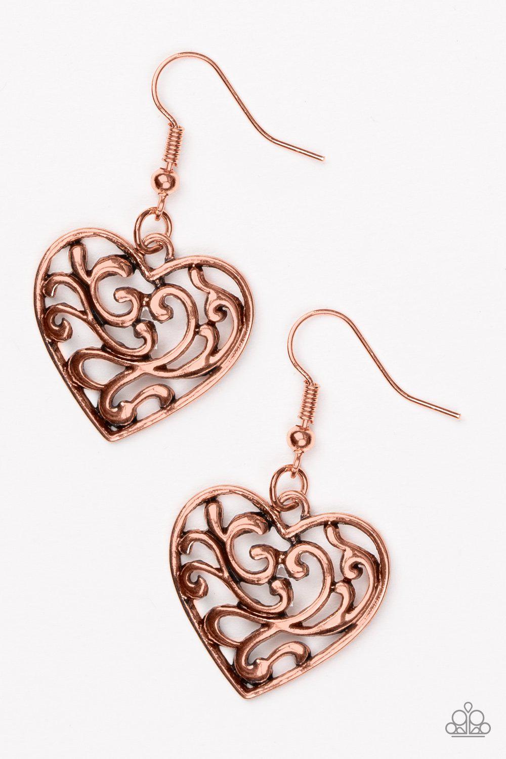 The Truth HEARTS Copper Heart Earrings - Paparazzi Accessories- on model - CarasShop.com - Paparazzi Jewelry by Cara Jewels