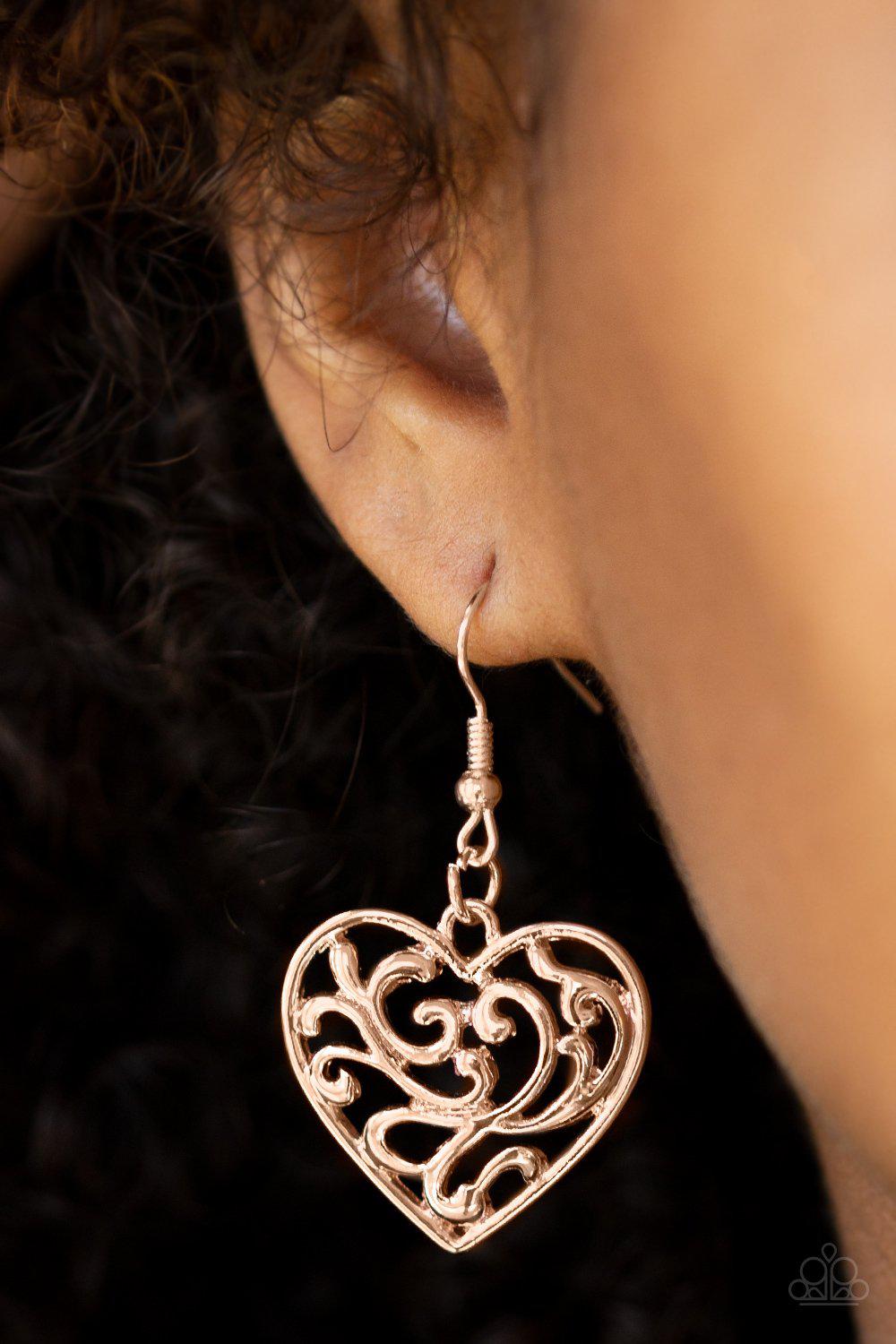 The Truth Hearts Rose Gold Heart Earrings - Paparazzi Accessories- lightbox - CarasShop.com - Paparazzi Jewelry by Cara Jewels