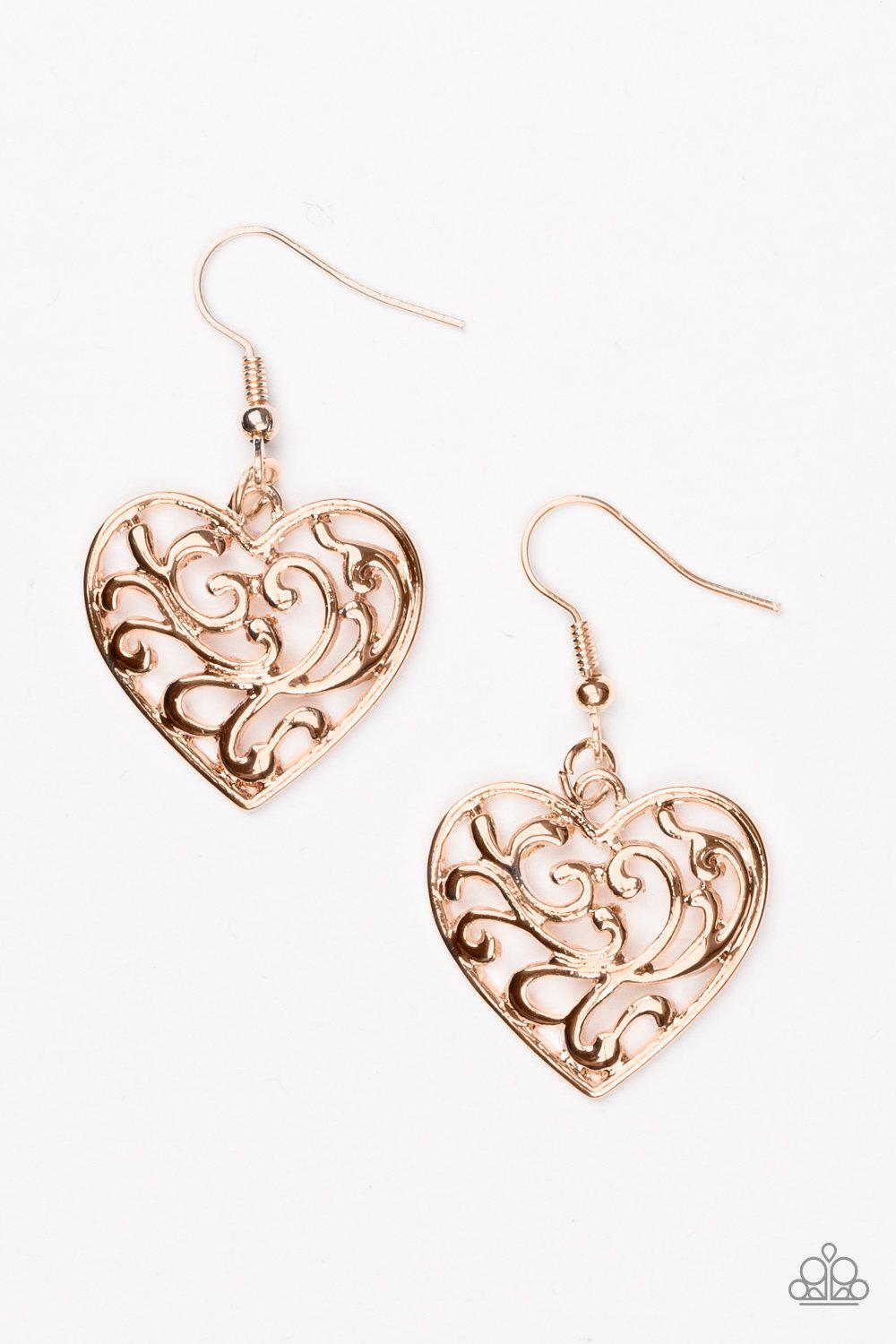 The Truth Hearts Rose Gold Heart Earrings - Paparazzi Accessories- on model - CarasShop.com - Paparazzi Jewelry by Cara Jewels