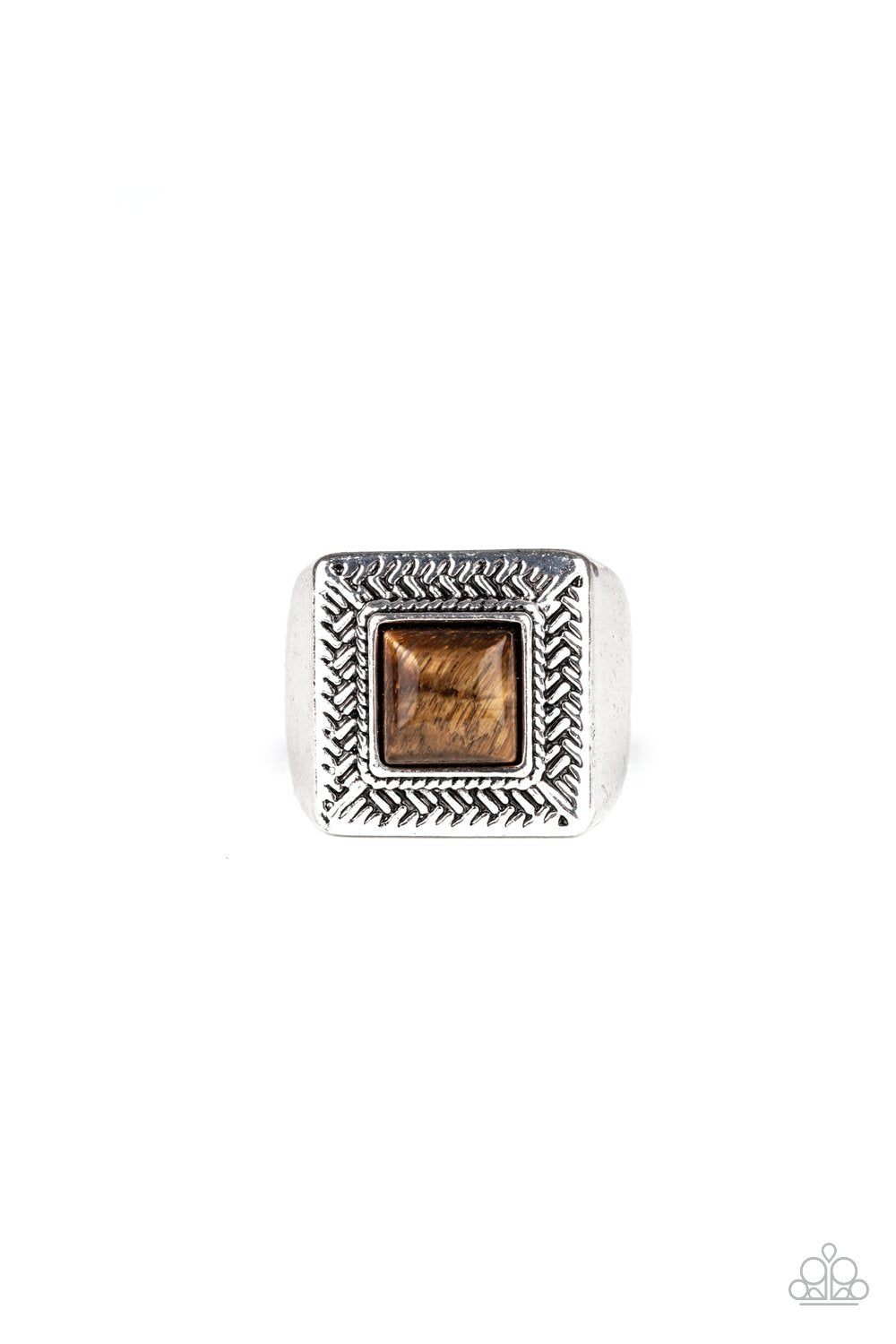 The Wrangler Men's Brown Tiger's Eye and Silver Ring - Paparazzi Accessories- lightbox - CarasShop.com - Paparazzi Jewelry by Cara Jewels
