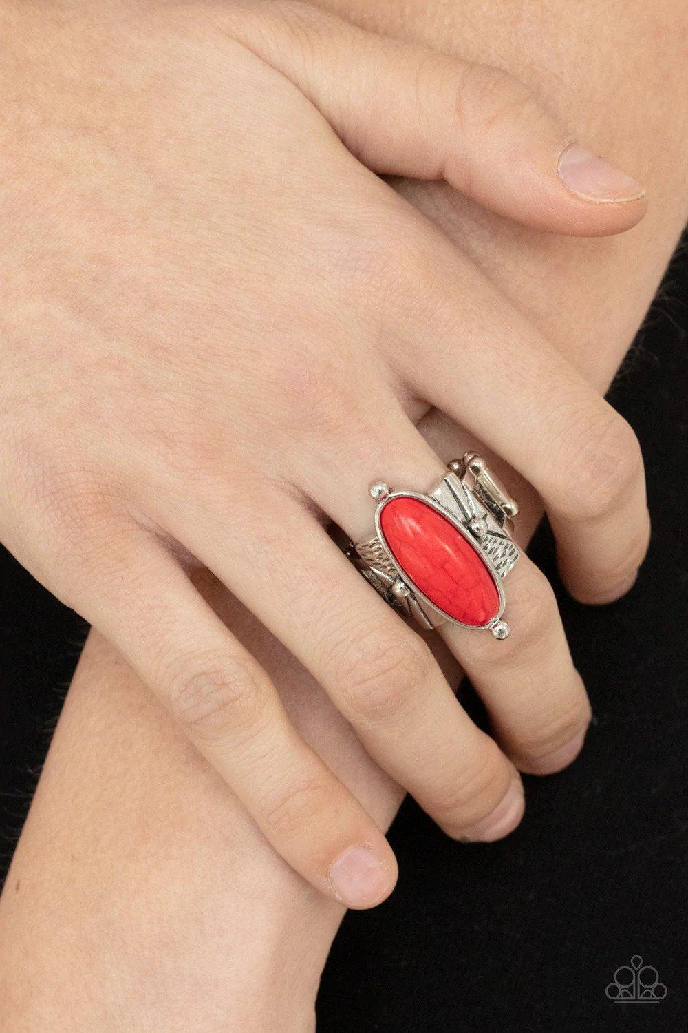 This BADLAND is My BADLAND Red Ring - Paparazzi Accessories- on model - CarasShop.com - Paparazzi Jewelry by Cara Jewels