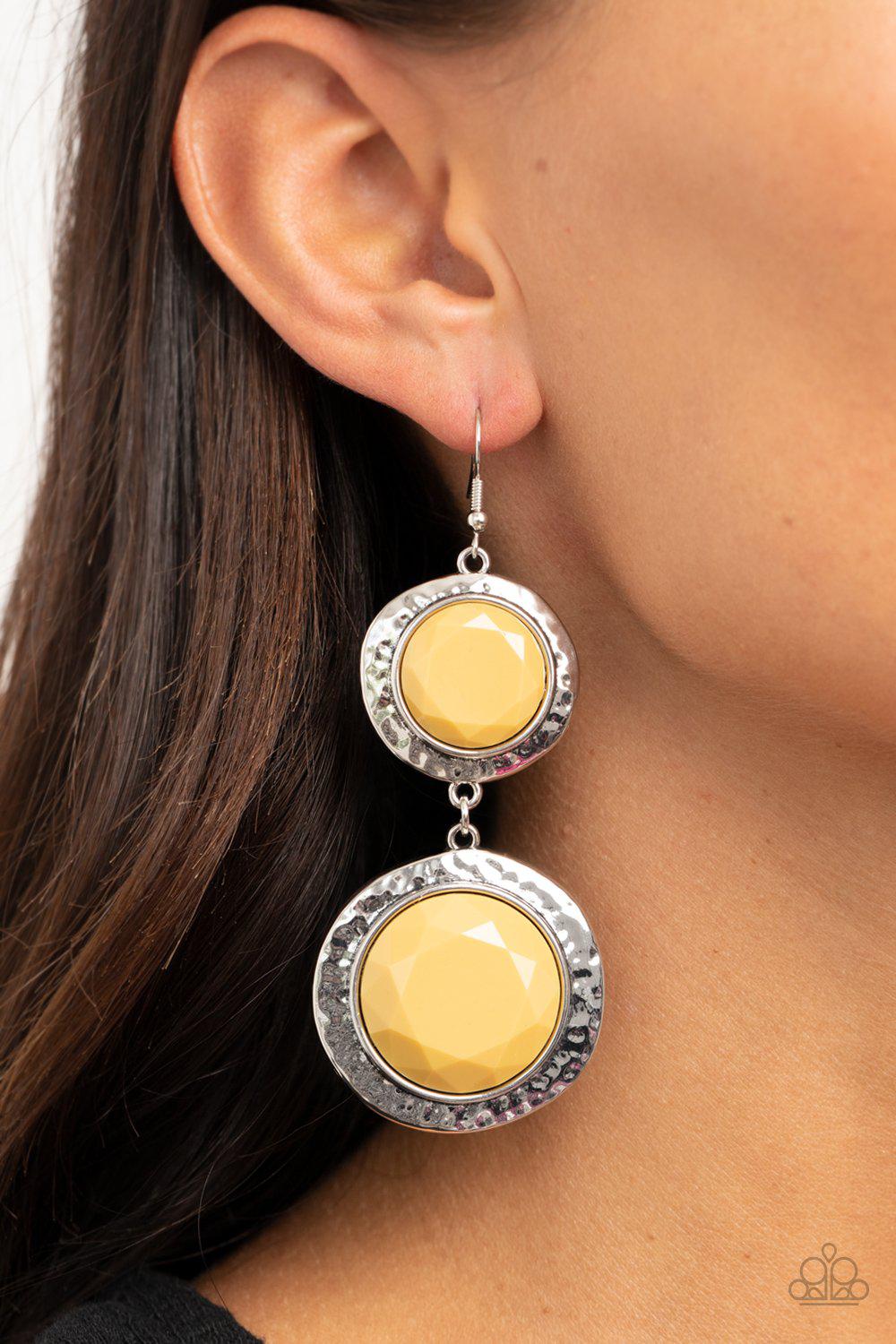 Thrift Shop Stop Yellow and Silver Earrings - Paparazzi Accessories- lightbox - CarasShop.com - Paparazzi Jewelry by Cara Jewels