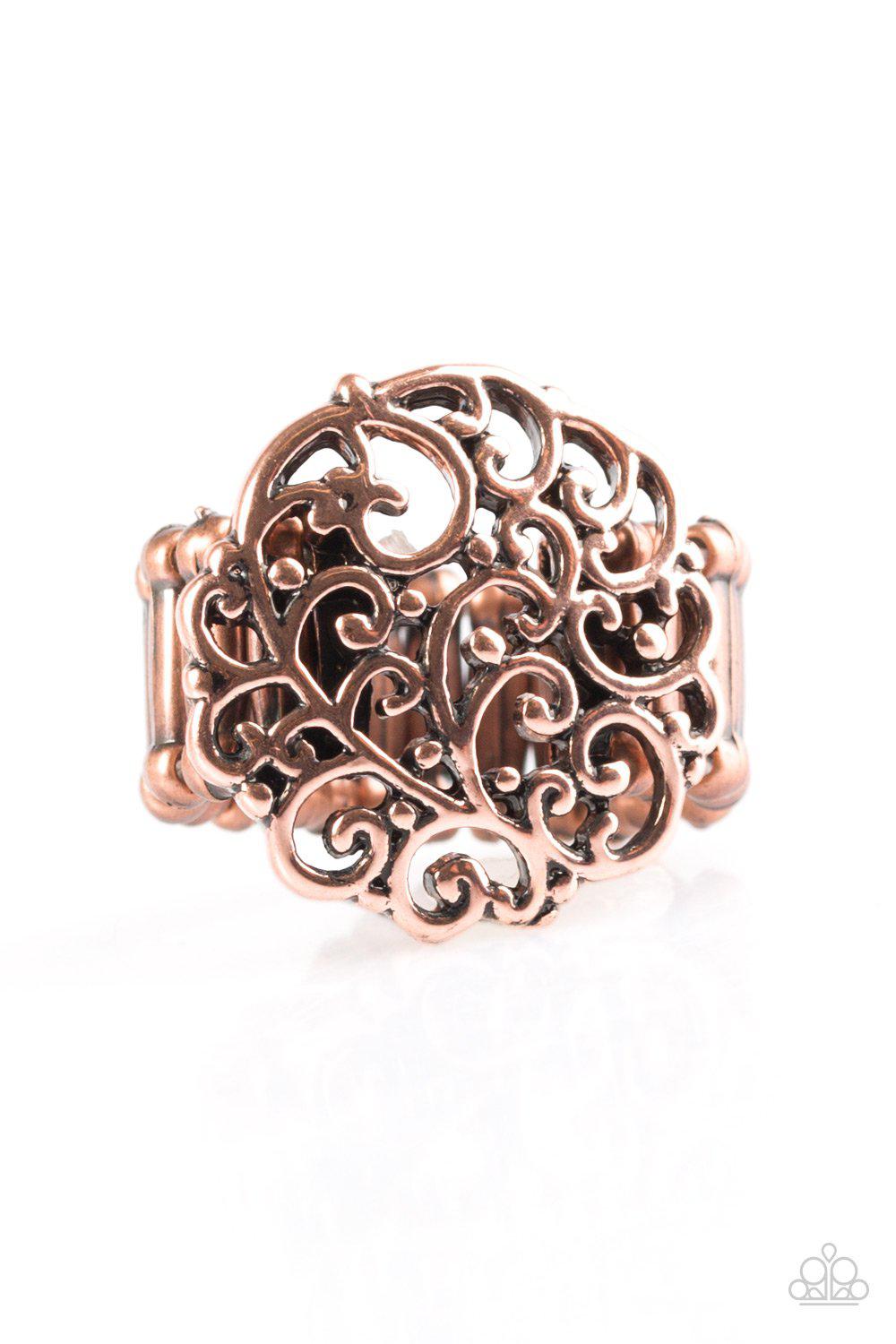 Thrills and Frills Copper Filigree Ring - Paparazzi Accessories- on model - CarasShop.com - Paparazzi Jewelry by Cara Jewels