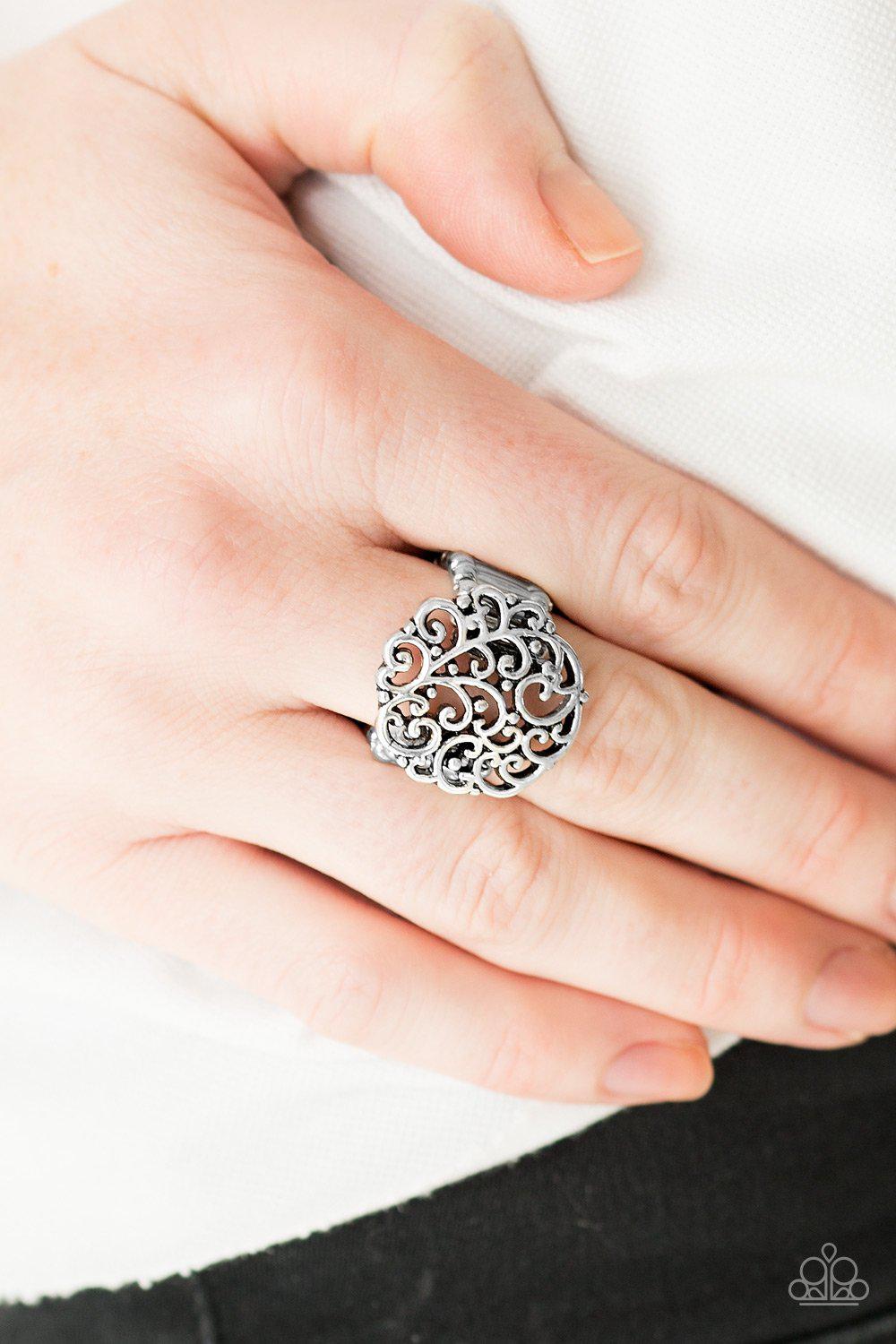 Thrills And Frills Silver Filigree Ring - Paparazzi Accessories- lightbox - CarasShop.com - Paparazzi Jewelry by Cara Jewels