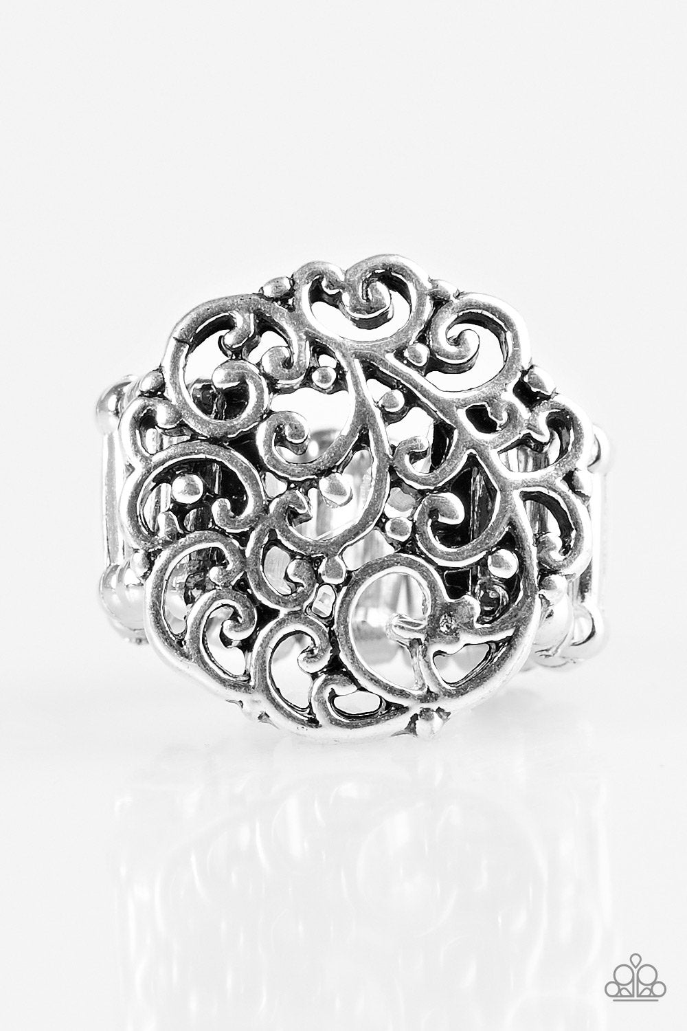 Thrills And Frills Silver Filigree Ring - Paparazzi Accessories- on model - CarasShop.com - Paparazzi Jewelry by Cara Jewels