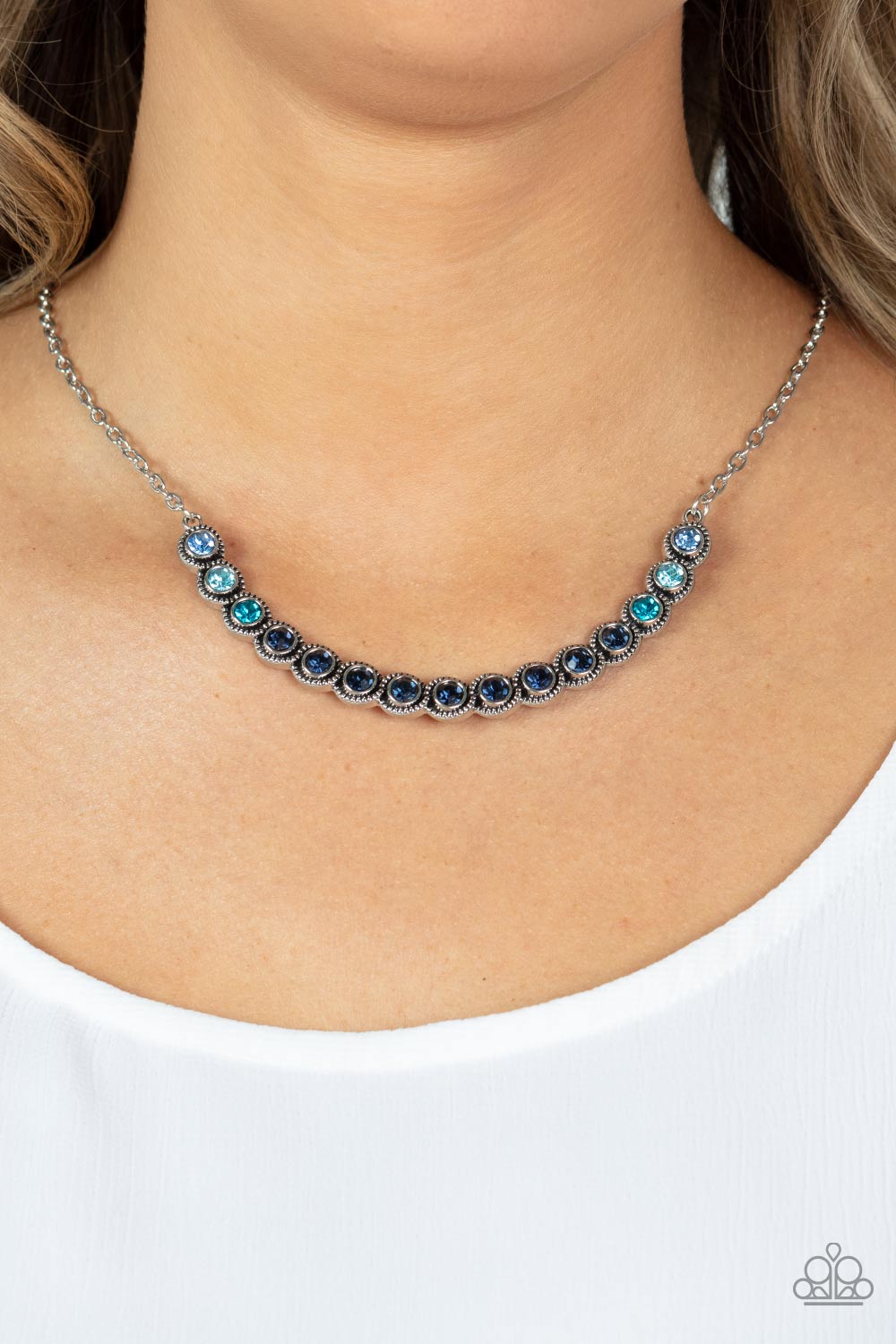 Throwing SHADES Blue Rhinestone Necklace - Paparazzi Accessories- on model - CarasShop.com - Paparazzi Jewelry by Cara Jewels