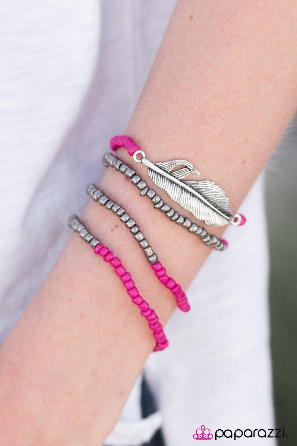 Thunderbird Pink and Metallic Bead and Feather Bracelet Set - Paparazzi Accessories- lightbox - CarasShop.com - Paparazzi Jewelry by Cara Jewels