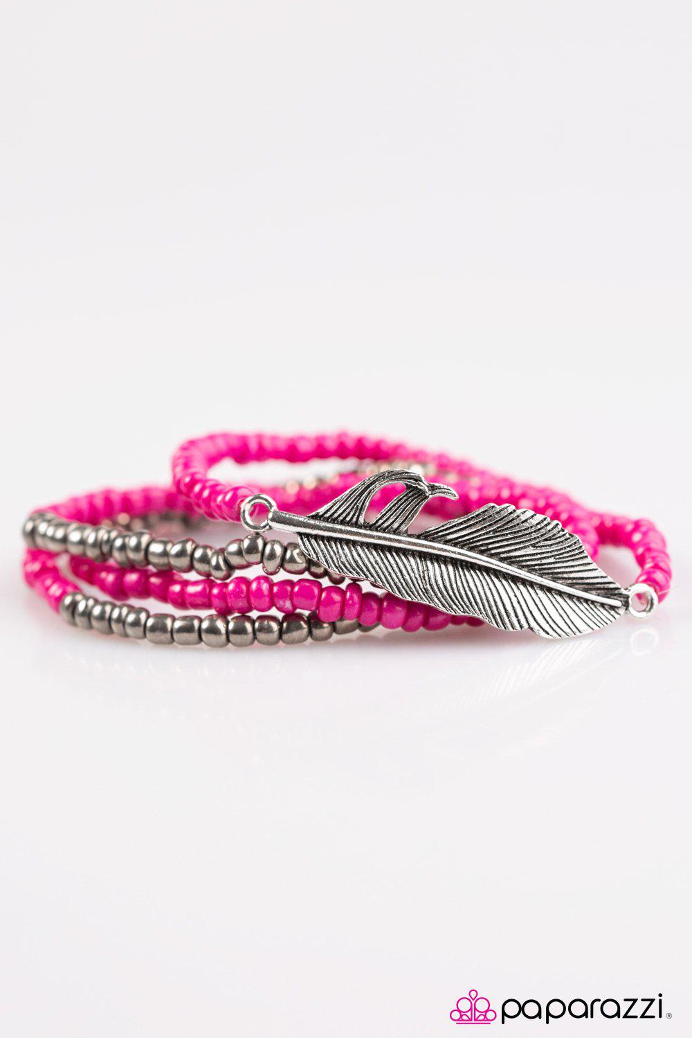 Thunderbird Pink and Metallic Bead and Feather Bracelet Set - Paparazzi Accessories- on model - CarasShop.com - Paparazzi Jewelry by Cara Jewels
