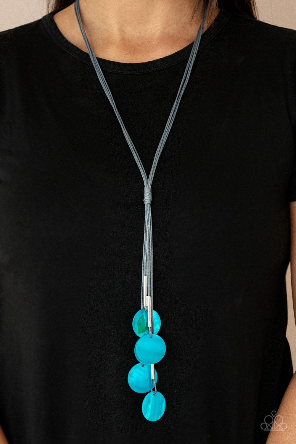 Tidal Tassels Blue Shell-like Tassel Necklace - Paparazzi Accessories- on model - CarasShop.com - Paparazzi Jewelry by Cara Jewels
