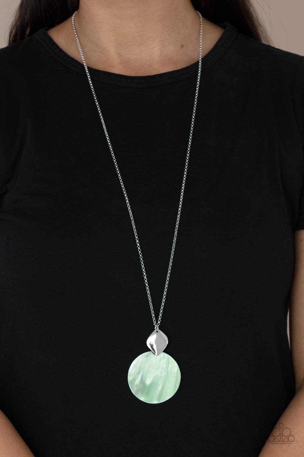 Tidal Tease Green Shell-like Necklace - Paparazzi Accessories- on model - CarasShop.com - Paparazzi Jewelry by Cara Jewels