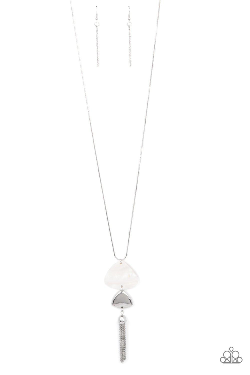 TIDE You Over White Shell-like Tassel Necklace - Paparazzi Accessories- lightbox - CarasShop.com - Paparazzi Jewelry by Cara Jewels