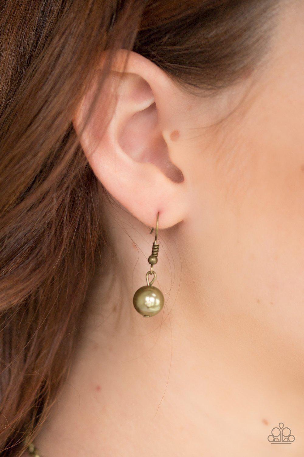 Tie The Knot Brass Pearl and Rhinestone Necklace - Paparazzi Accessories - free matching earrings -CarasShop.com - Paparazzi Jewelry by Cara Jewels