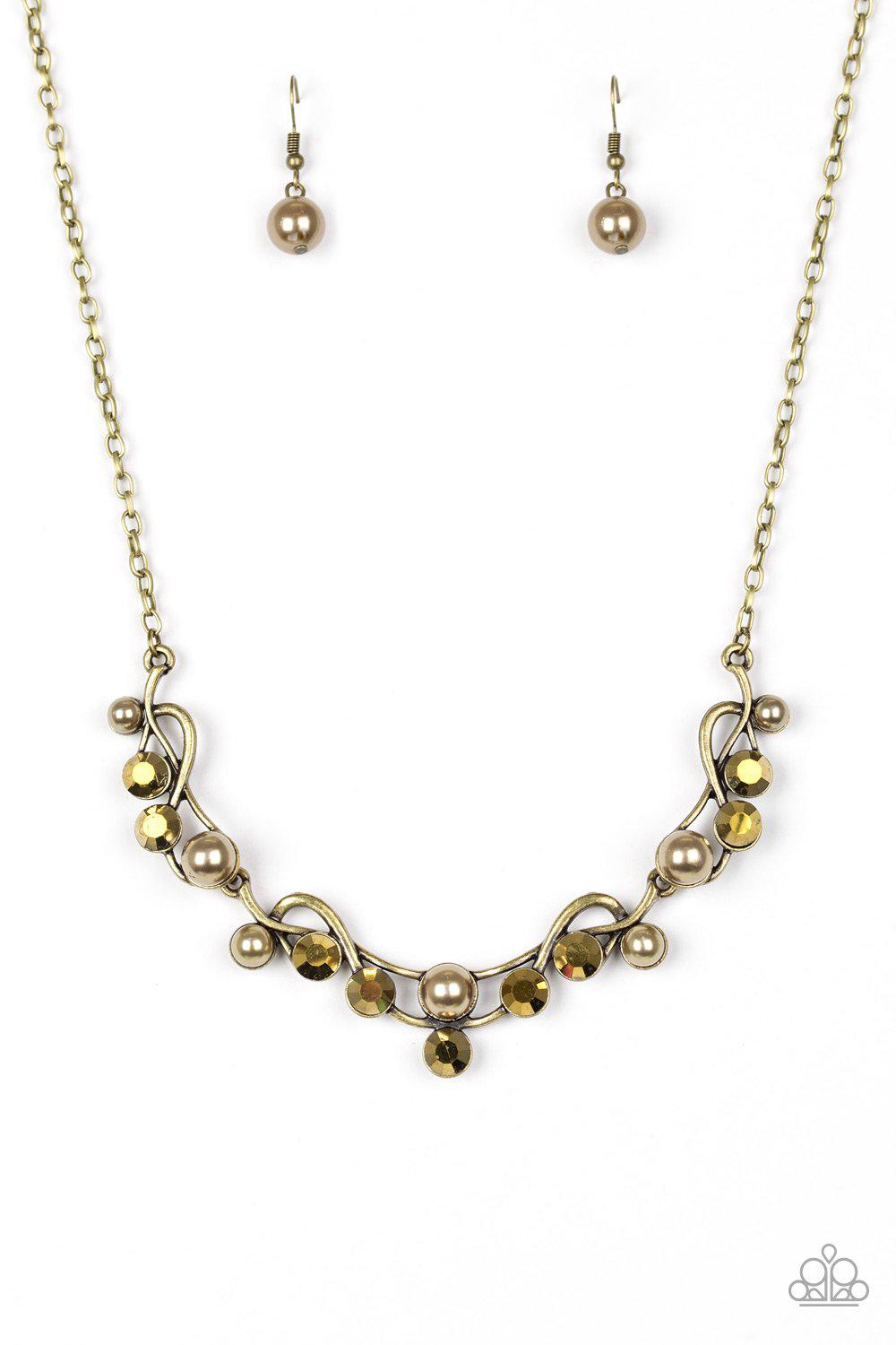 Tie The Knot Brass Pearl and Rhinestone Necklace - Paparazzi Accessories- on model - CarasShop.com - Paparazzi Jewelry by Cara Jewels