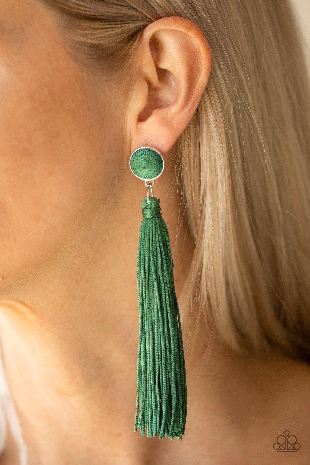 Tightrope Tassel Green Tassel Earrings - Paparazzi Accessories- lightbox - CarasShop.com - Paparazzi Jewelry by Cara Jewels