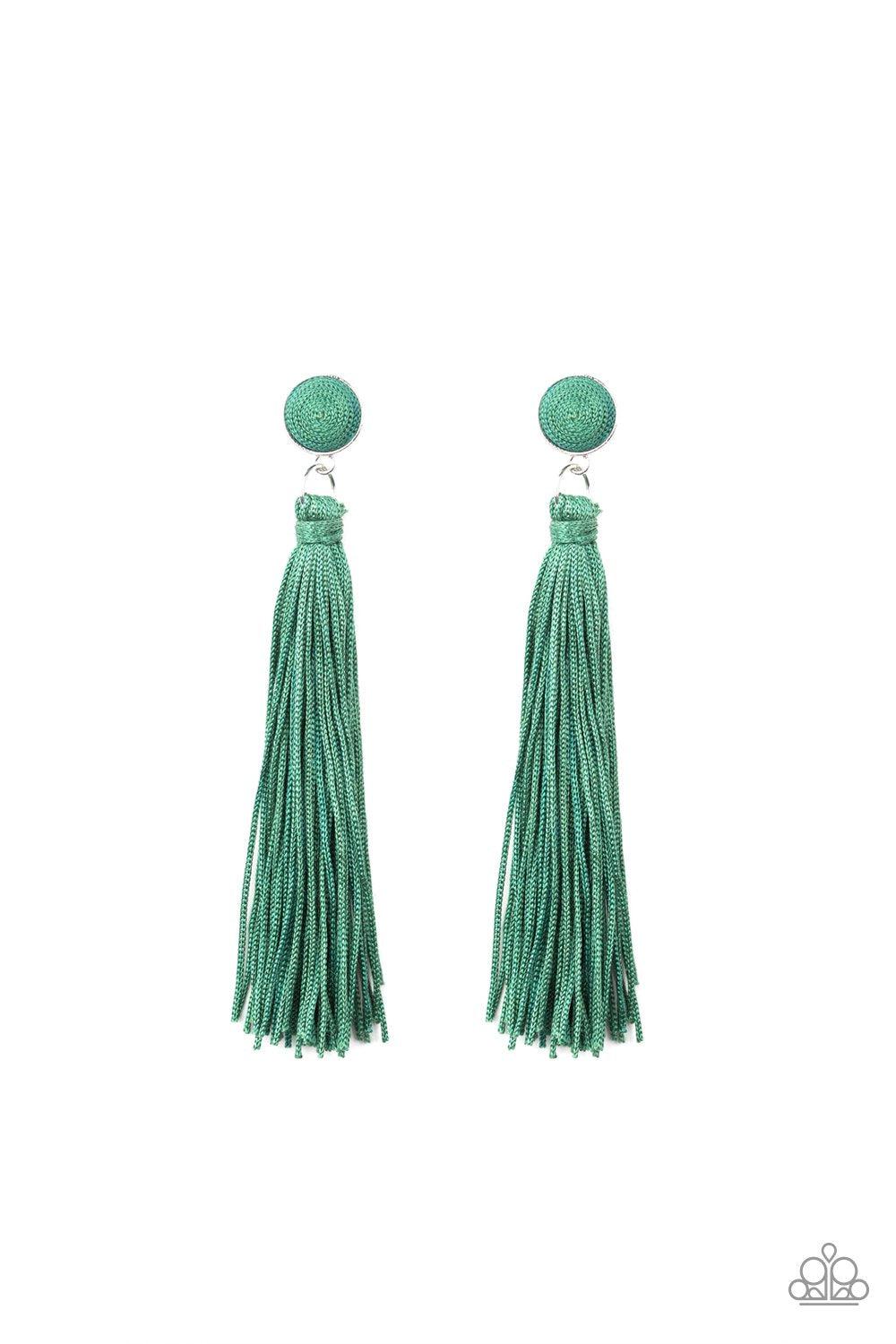 Tightrope Tassel Green Tassel Earrings - Paparazzi Accessories- on model - CarasShop.com - Paparazzi Jewelry by Cara Jewels