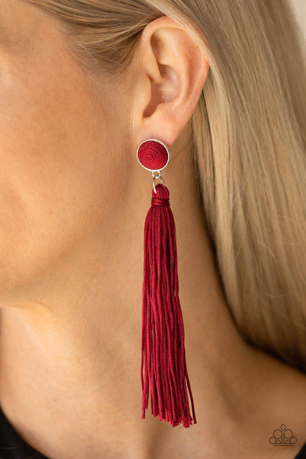 Tightrope Tassel Red Tassel Earrings - Paparazzi Accessories- lightbox - CarasShop.com - Paparazzi Jewelry by Cara Jewels