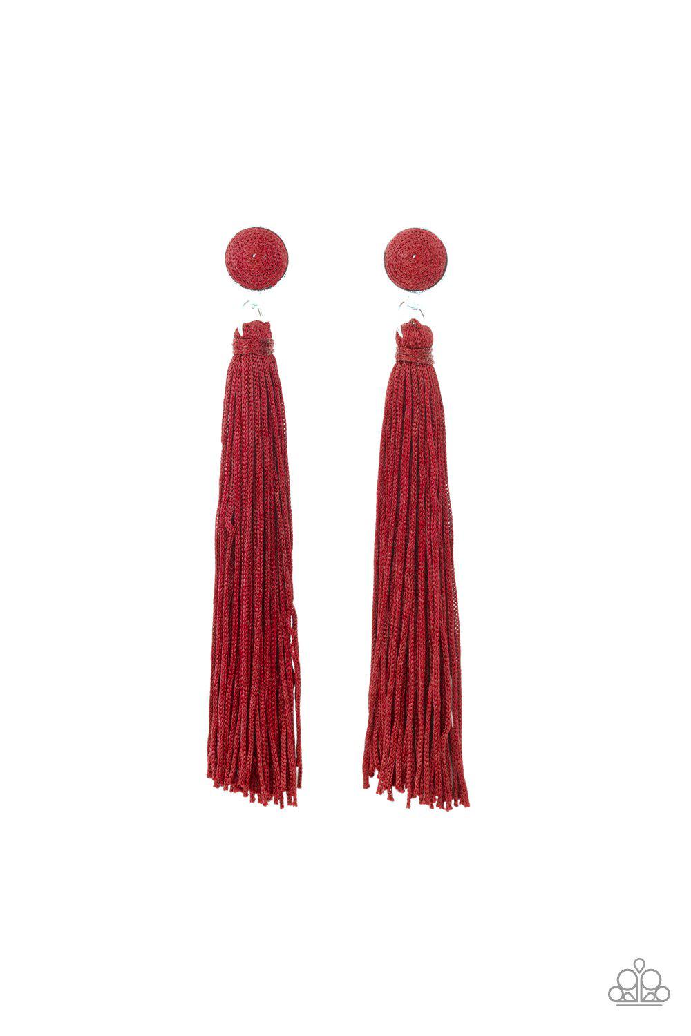 Tightrope Tassel Red Tassel Earrings - Paparazzi Accessories- on model - CarasShop.com - Paparazzi Jewelry by Cara Jewels