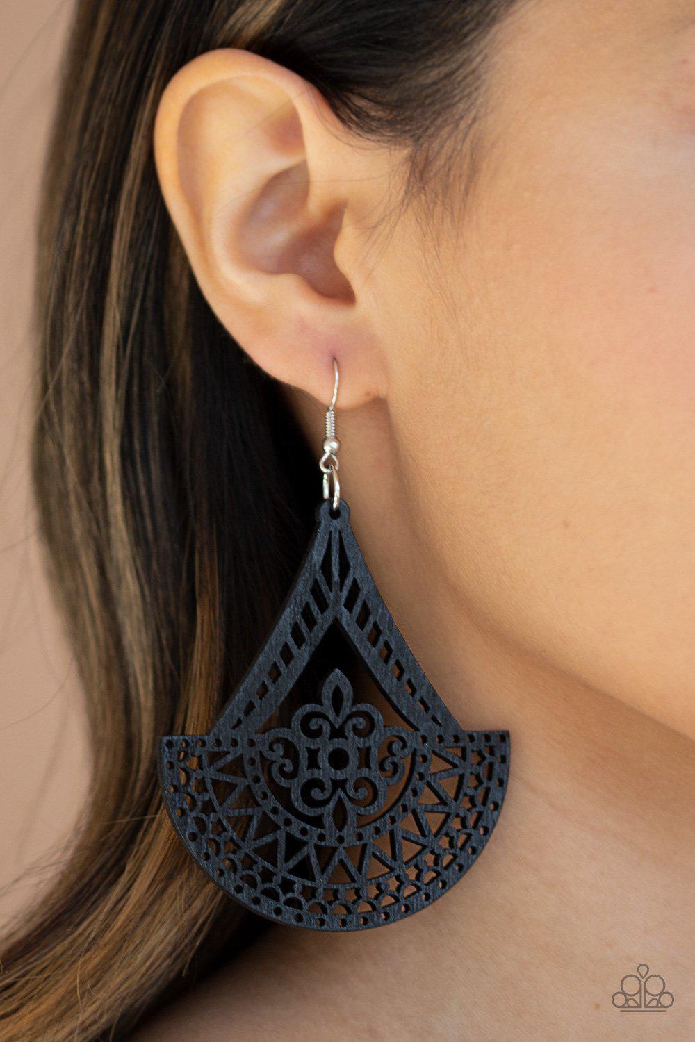 Tiki Sunrise Black Wood Filigree Earrings - Paparazzi Accessories- lightbox - CarasShop.com - Paparazzi Jewelry by Cara Jewels