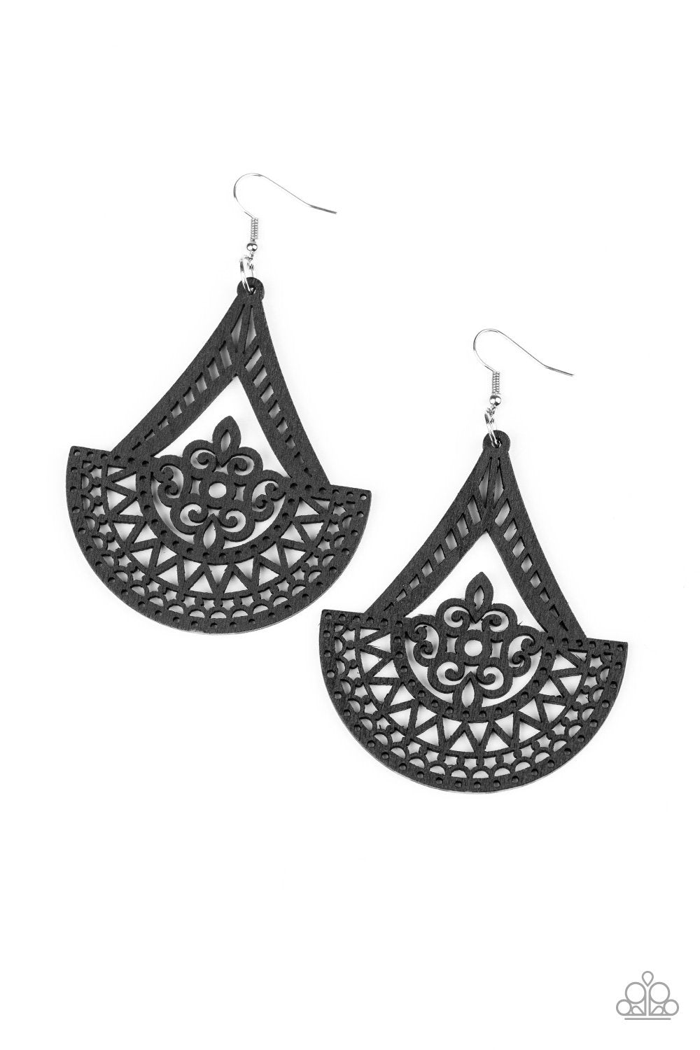 Tiki Sunrise Black Wood Filigree Earrings - Paparazzi Accessories- on model - CarasShop.com - Paparazzi Jewelry by Cara Jewels