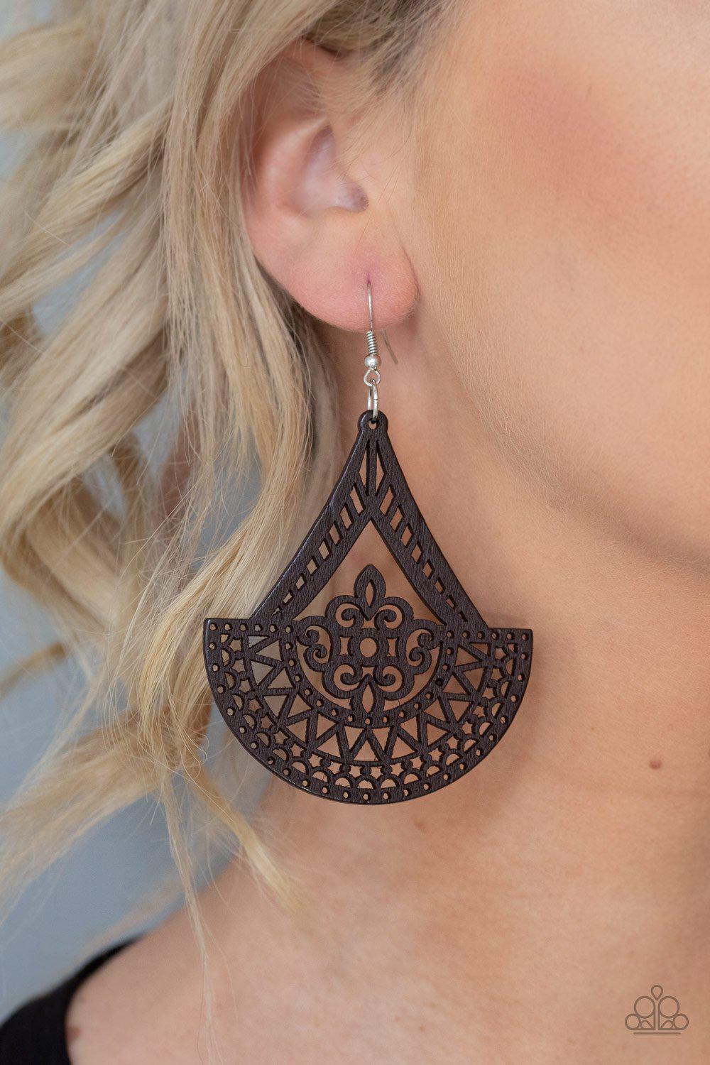 Tiki Sunrise Brown Wood Filigree Earrings - Paparazzi Accessories- lightbox - CarasShop.com - Paparazzi Jewelry by Cara Jewels