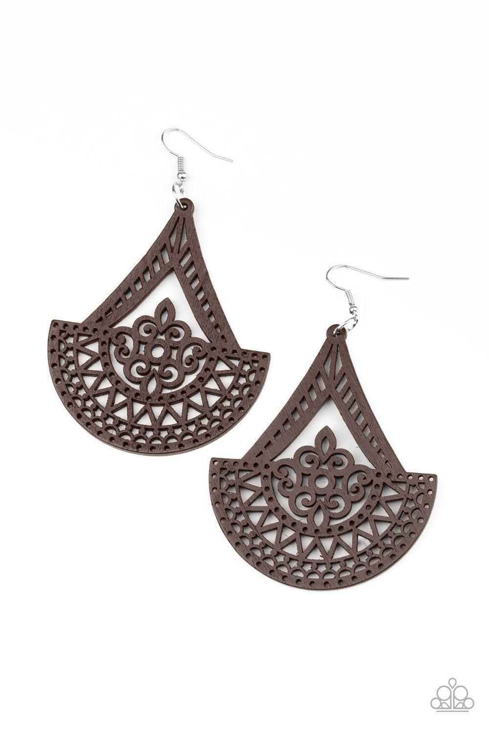 Tiki Sunrise Brown Wood Filigree Earrings - Paparazzi Accessories- on model - CarasShop.com - Paparazzi Jewelry by Cara Jewels