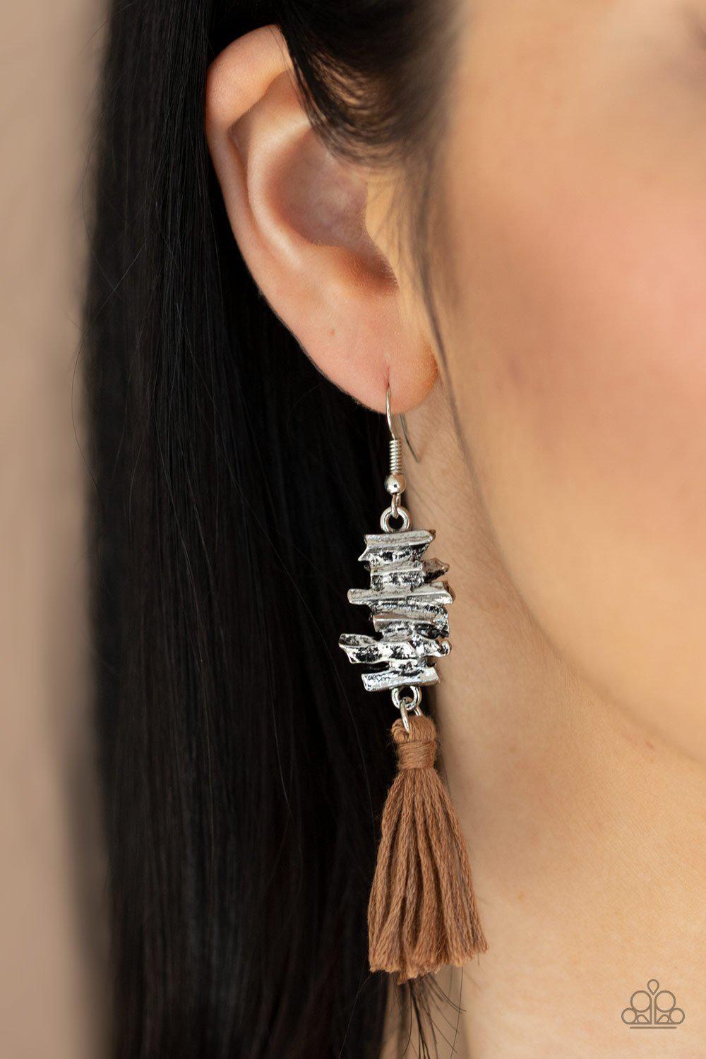 Tiki Tassel Brown and Silver Earrings - Paparazzi Accessories- lightbox - CarasShop.com - Paparazzi Jewelry by Cara Jewels