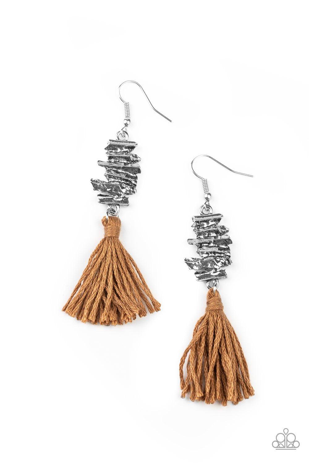 Tiki Tassel Brown and Silver Earrings - Paparazzi Accessories- on model - CarasShop.com - Paparazzi Jewelry by Cara Jewels